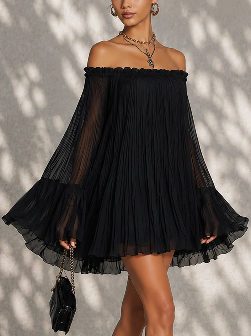 Jade | Black Off-Shoulder Ruffled Bell Sleeve Mini Dress