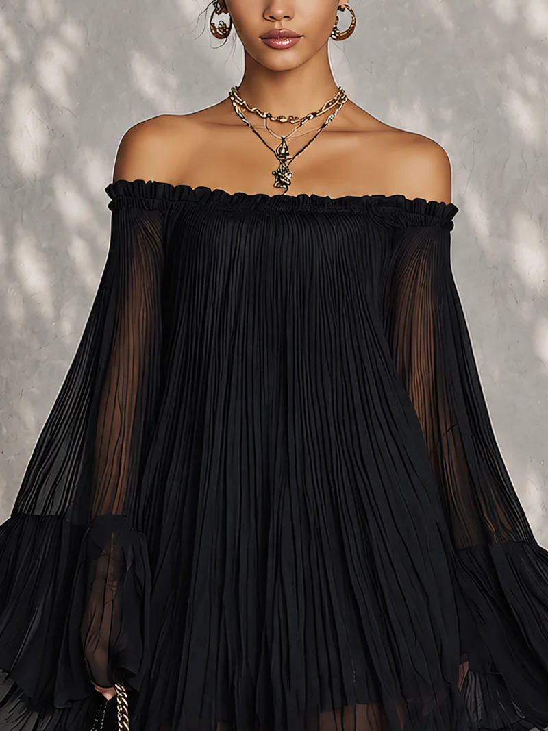 Jade | Black Off-Shoulder Ruffled Bell Sleeve Mini Dress
