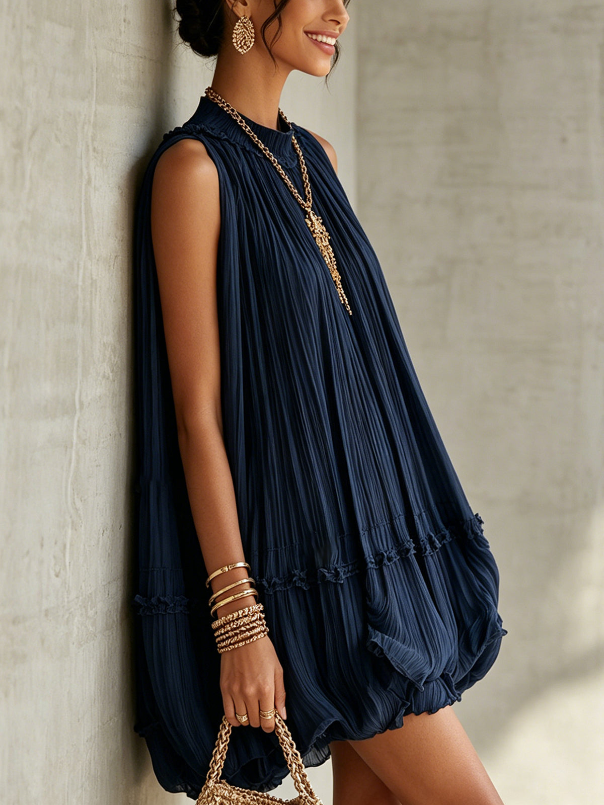 Kinsley | Navy Halter Ruffled Chiffon Bubble Mini Dress