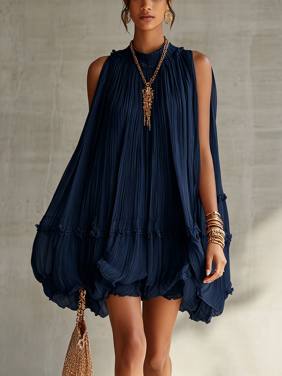 Kinsley | Navy Halter Ruffled Chiffon Bubble Mini Dress