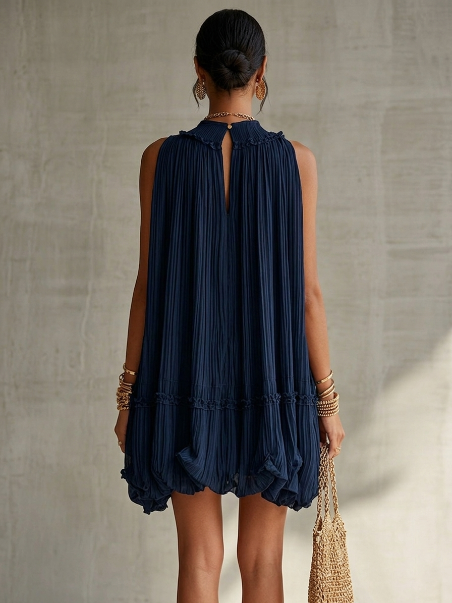 Kinsley | Navy Halter Ruffled Chiffon Bubble Mini Dress