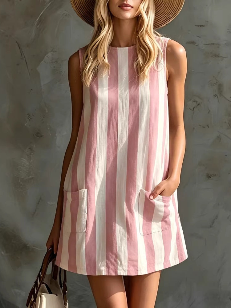 Eliza | Retro Striped Sleeveless Crew Neck Mini Dress