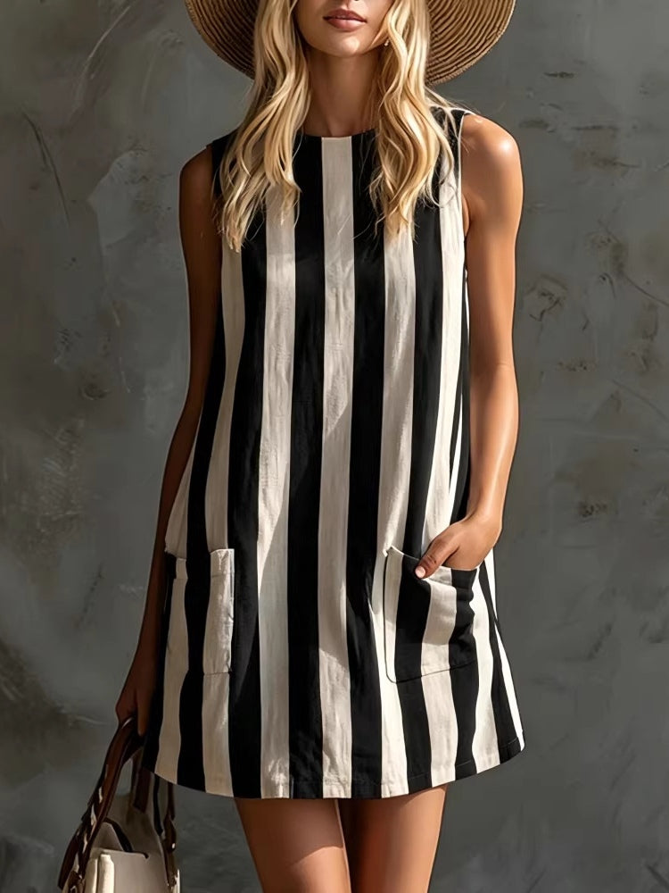 Eliza | Retro Striped Sleeveless Crew Neck Mini Dress