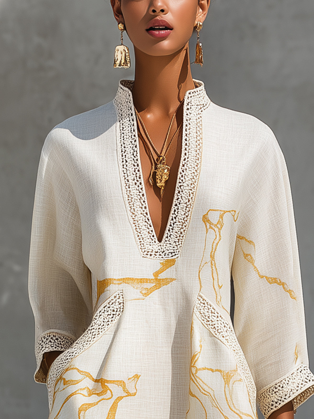 Maya | Ivory Gold Marble-Print V-Neck Mini Dress