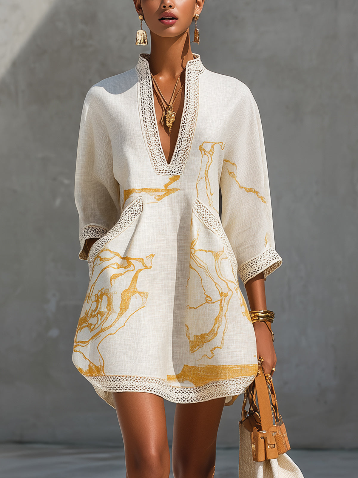 Maya | Ivory Gold Marble-Print V-Neck Mini Dress