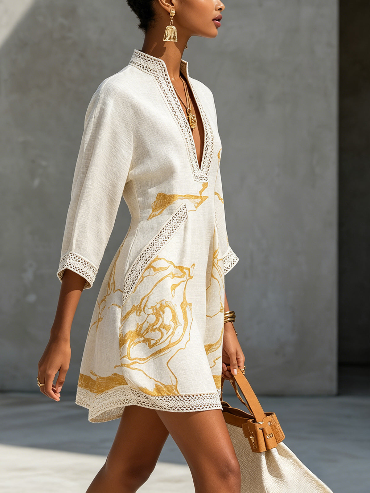 Maya | Ivory Gold Marble-Print V-Neck Mini Dress
