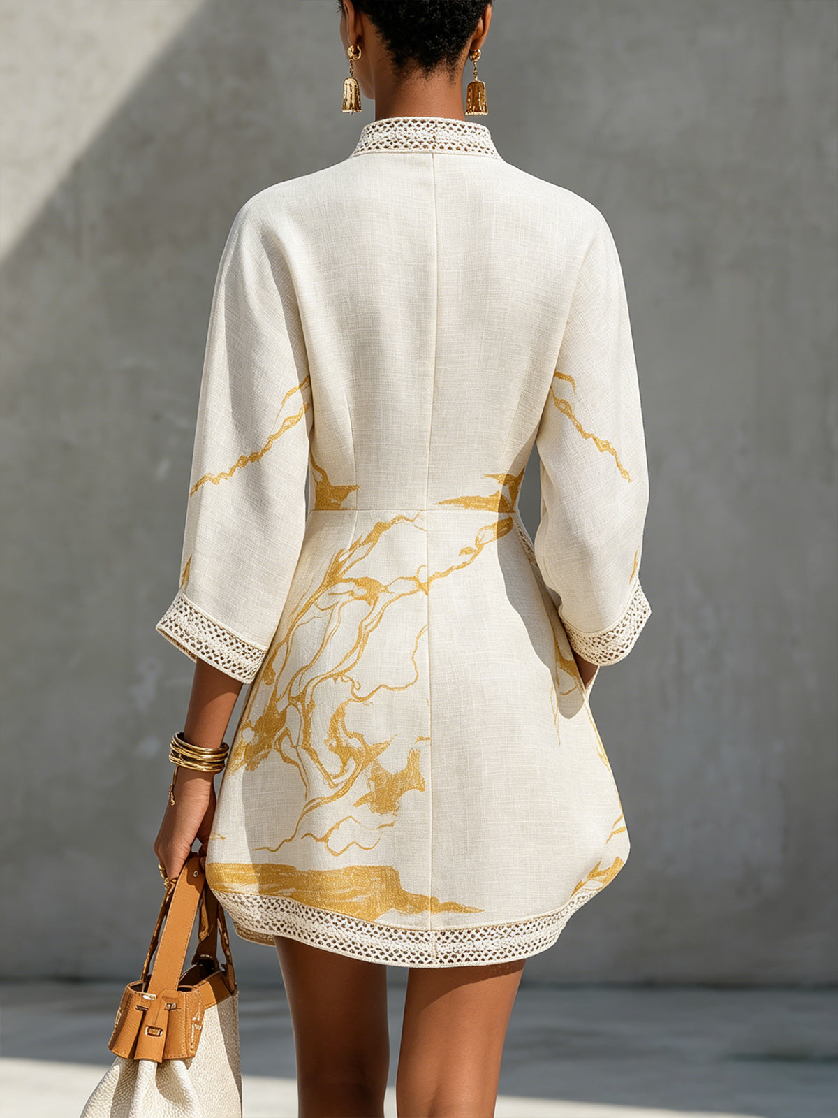 Maya | Ivory Gold Marble-Print V-Neck Mini Dress