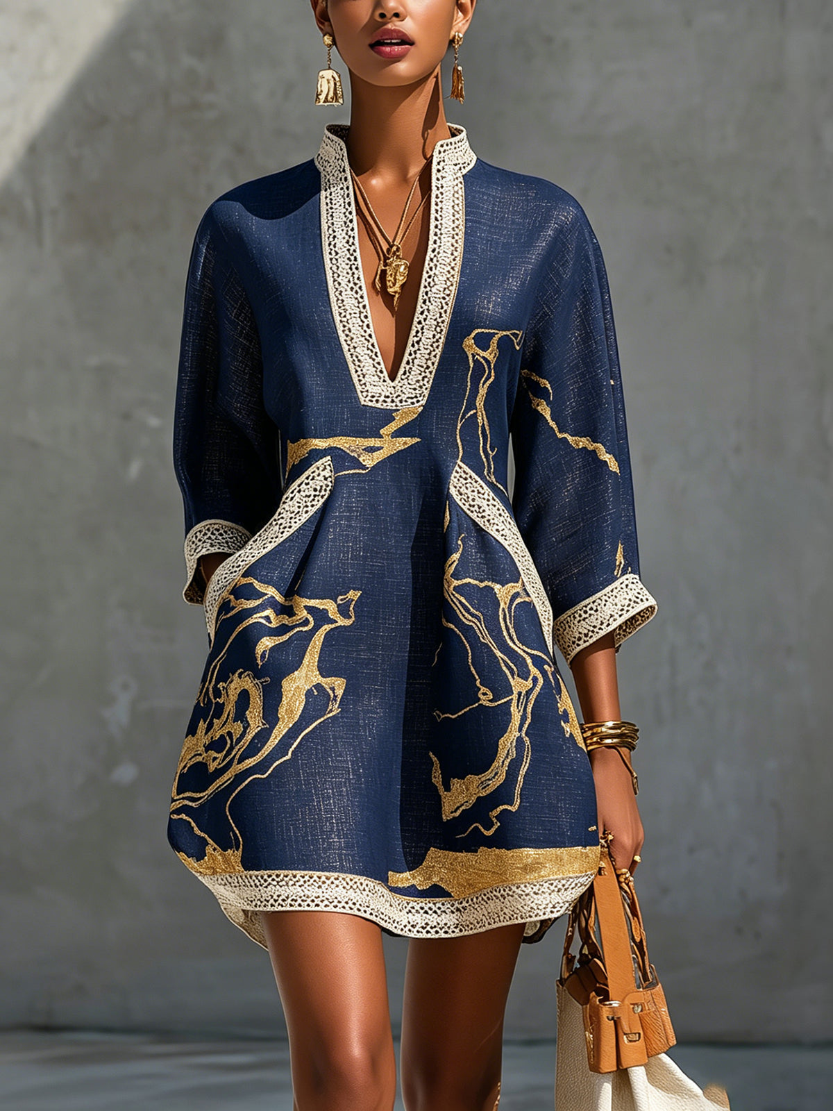 Reagan | Navy Gold Print V-Neck A-Line Mini Dress