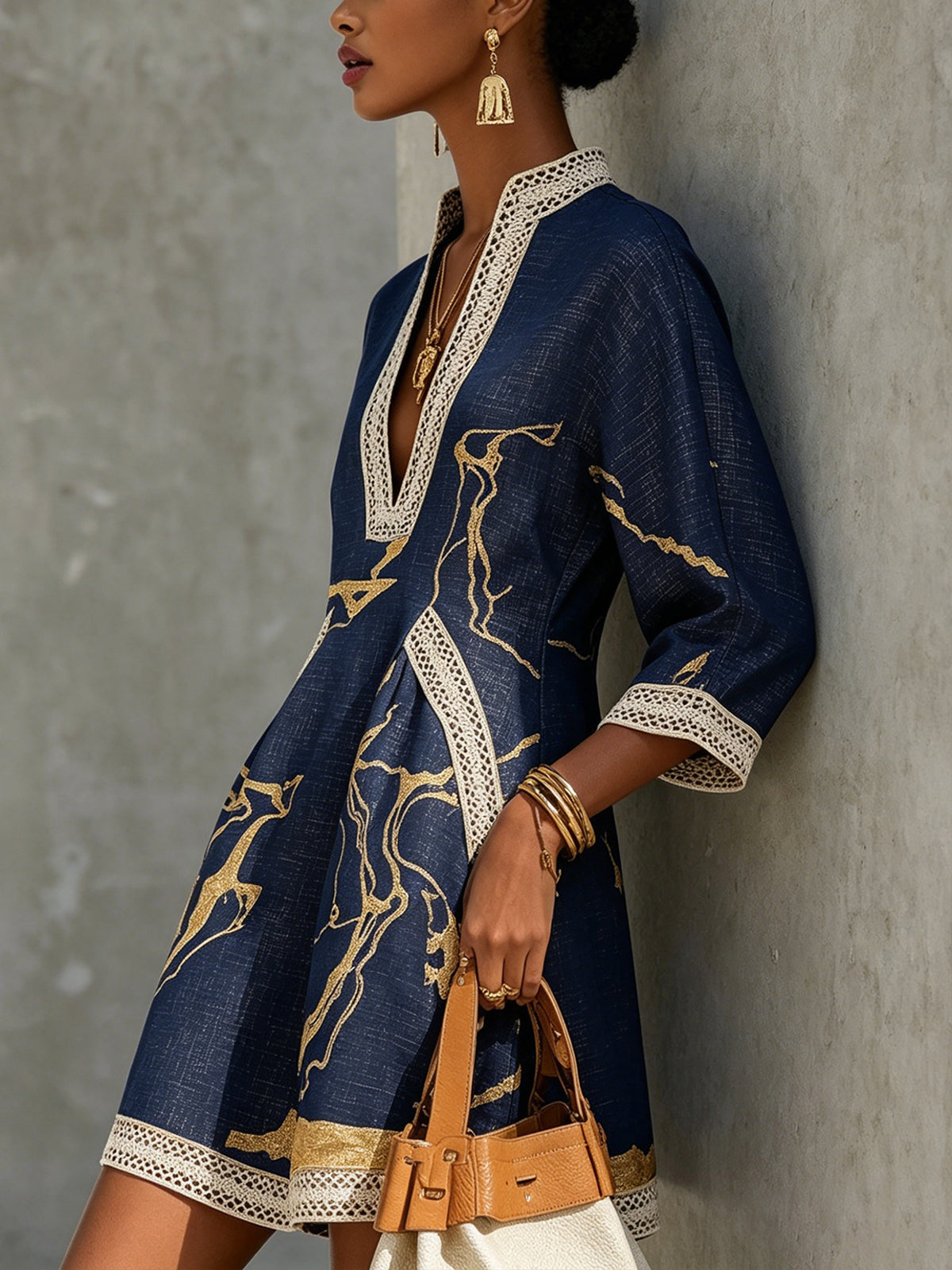 Reagan | Navy Gold Print V-Neck A-Line Mini Dress