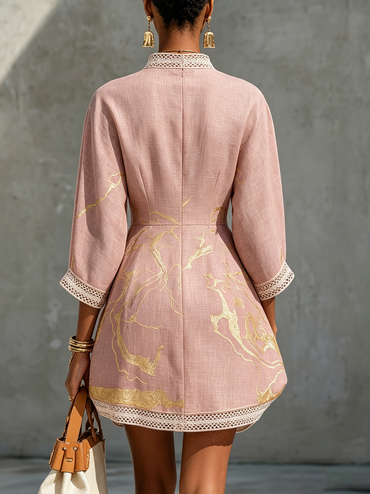 Eva | Pink Gold Marble-Print V-Neck Mini Dress