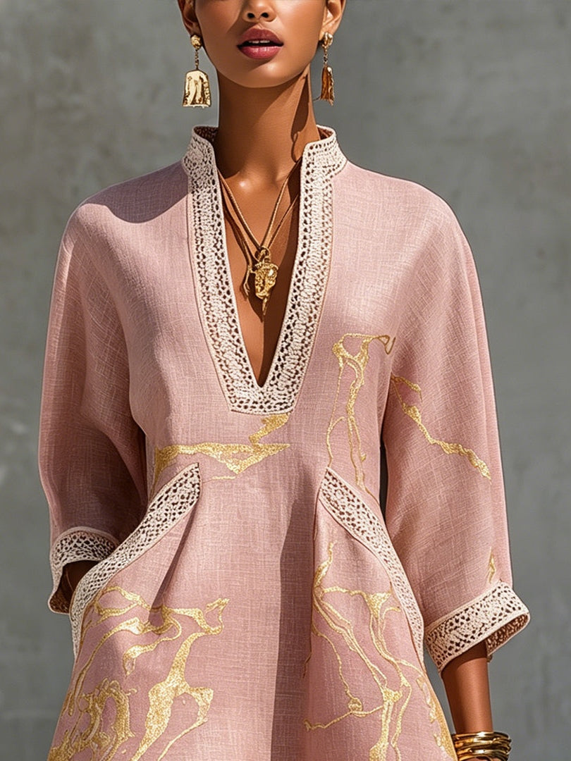 Eva | Pink Gold Marble-Print V-Neck Mini Dress