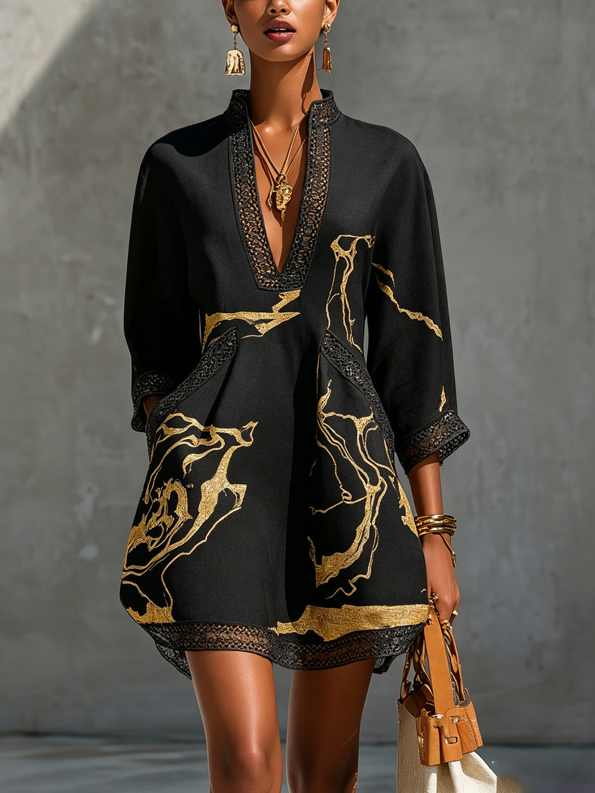 Amaya | Black Gold Marble V-Neck A-Line Mini Dress