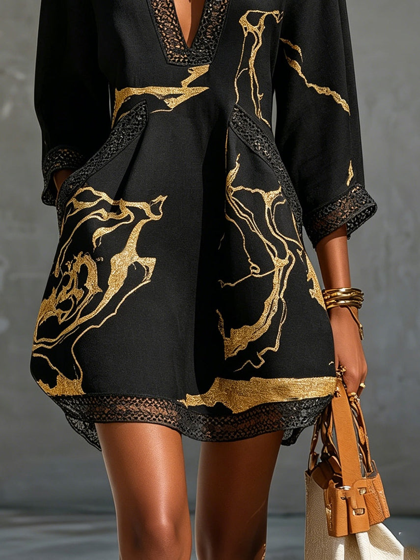 Amaya | Black Gold Marble V-Neck A-Line Mini Dress