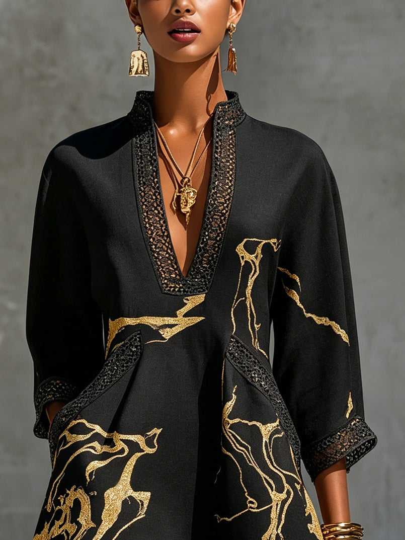 Amaya | Black Gold Marble V-Neck A-Line Mini Dress