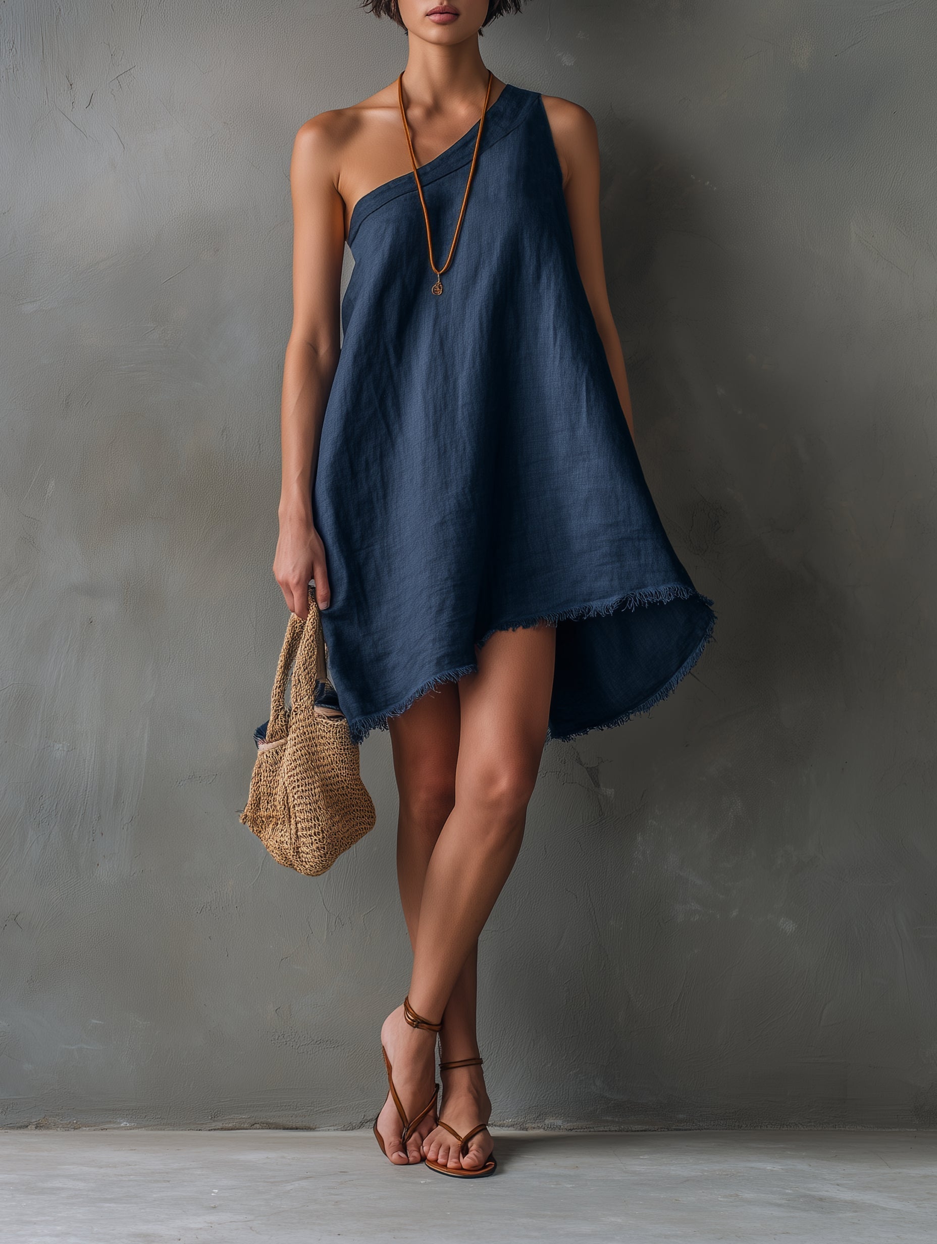 Alexis | Navy One-Shoulder Frayed Hem Mini Dress