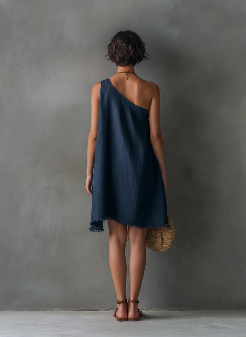 Alexis | Navy One-Shoulder Frayed Hem Mini Dress