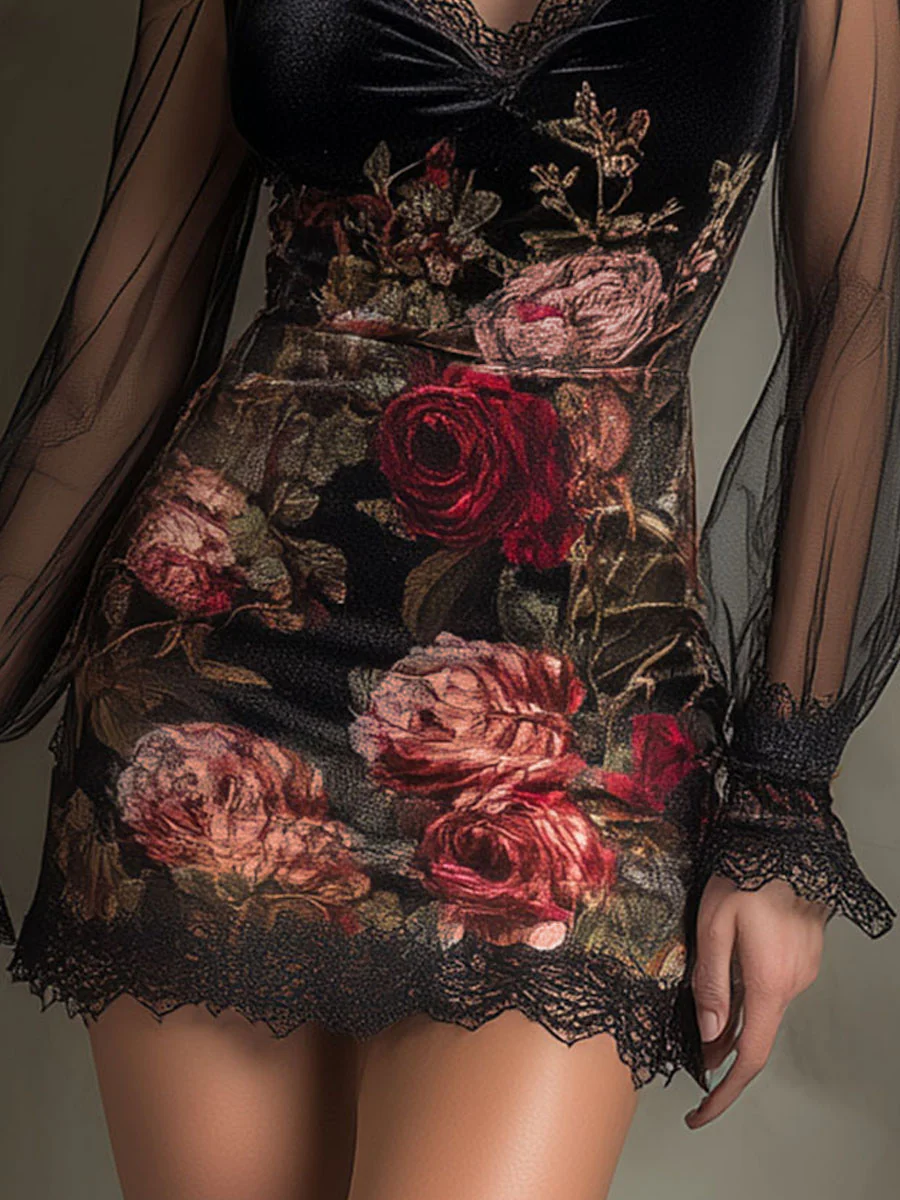 Diana | Rose Print Tulle Lace-Trim Mini Dress