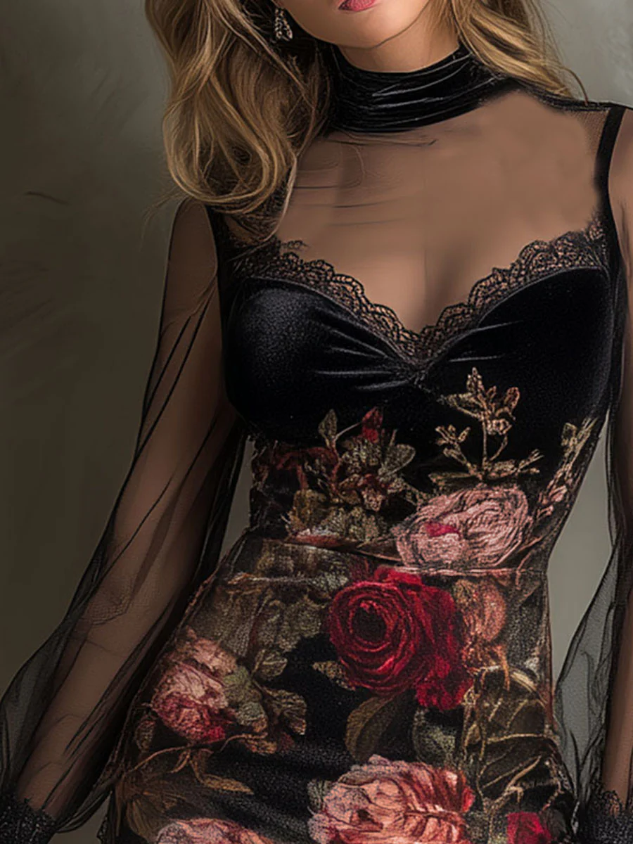 Diana | Rose Print Tulle Lace-Trim Mini Dress