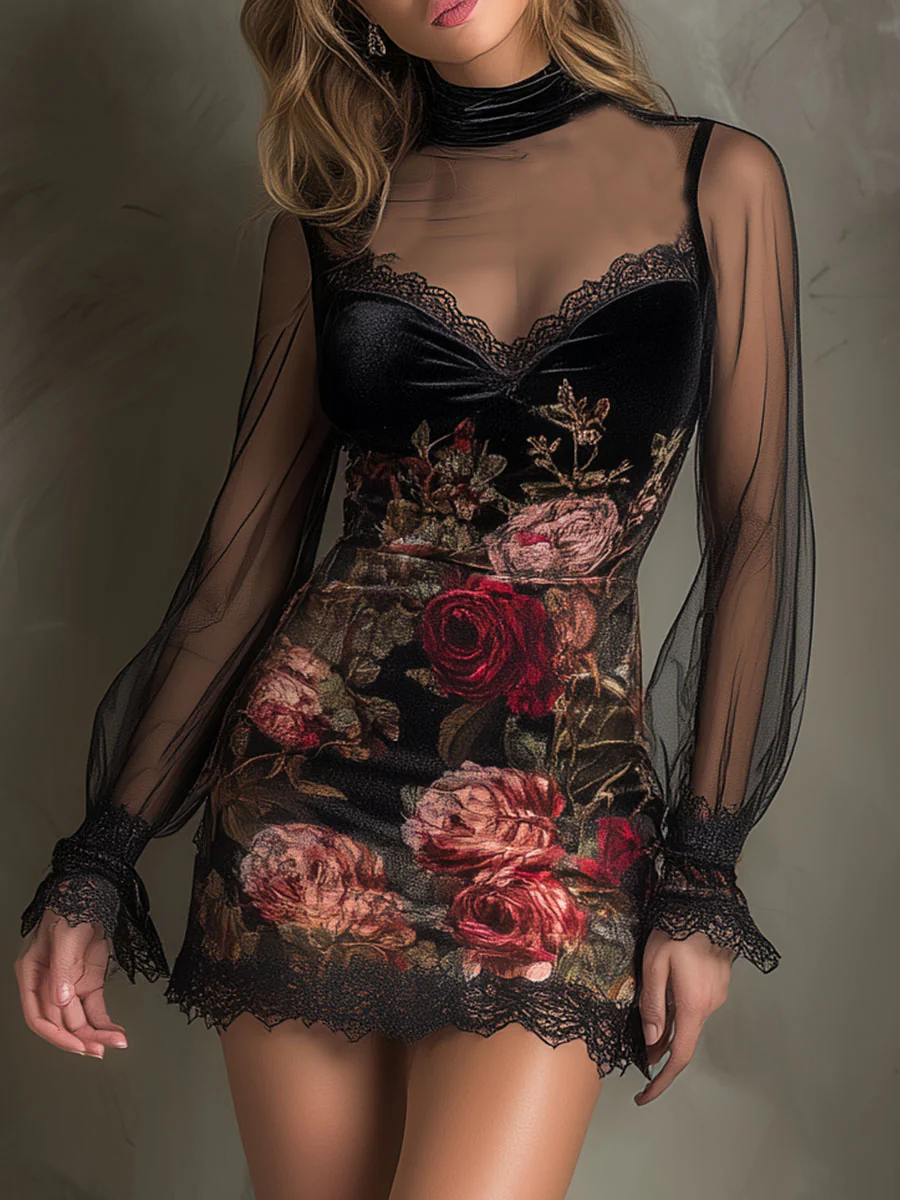 Diana | Rose Print Tulle Lace-Trim Mini Dress