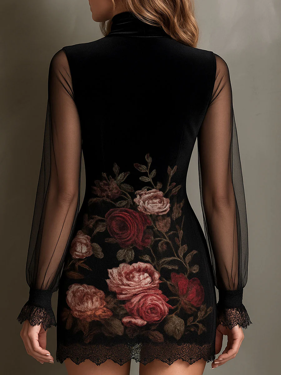 Diana | Rose Print Tulle Lace-Trim Mini Dress