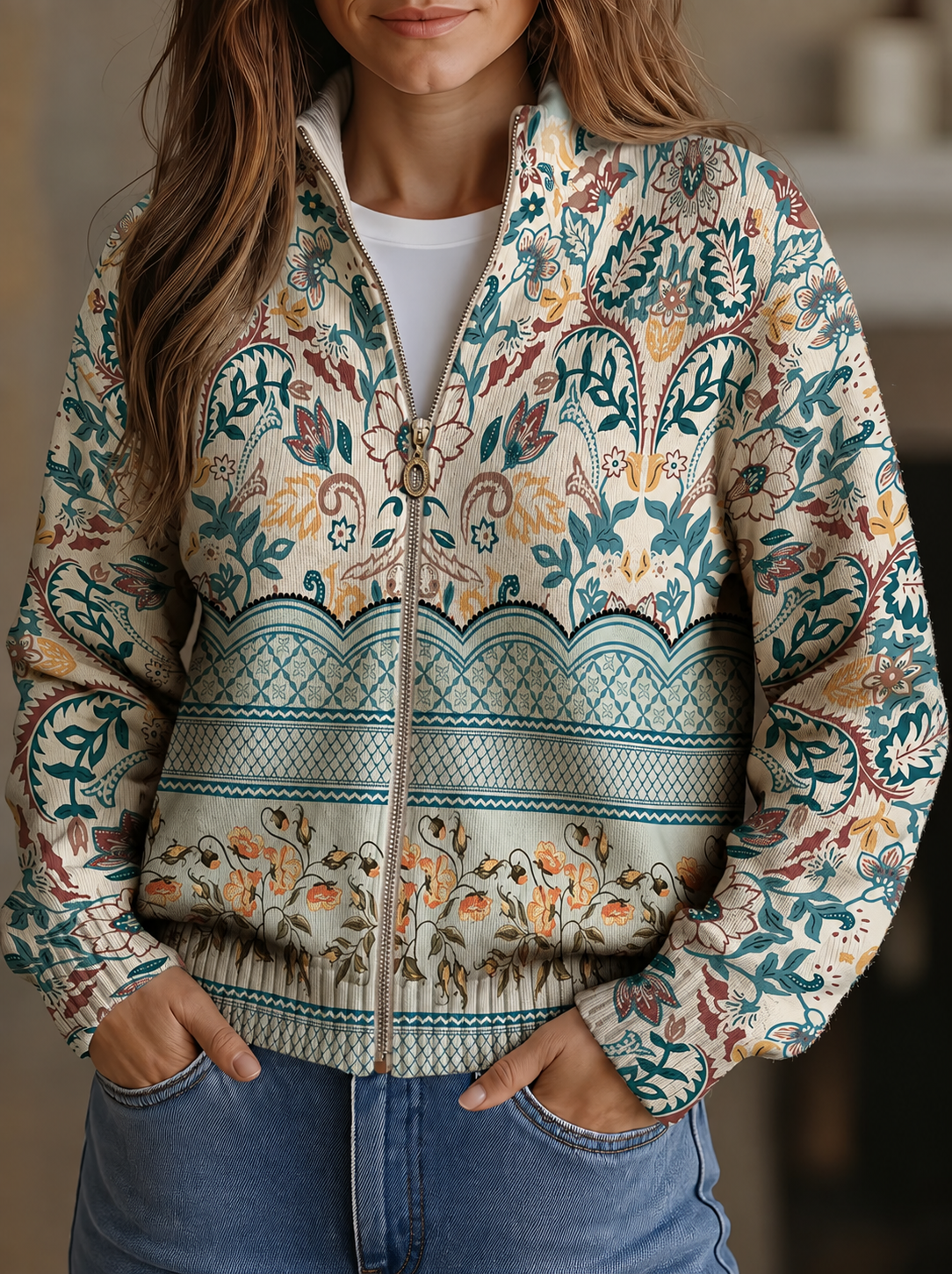 Sadie | Vintage Floral Botanical Border Zip Cardigan