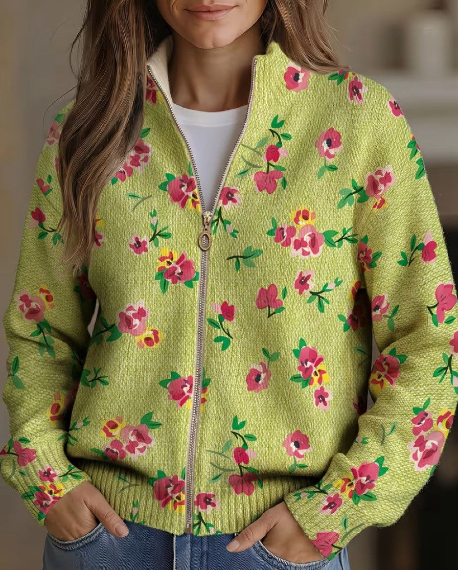 Ava | Pink Floral Lime Zip Cardigan