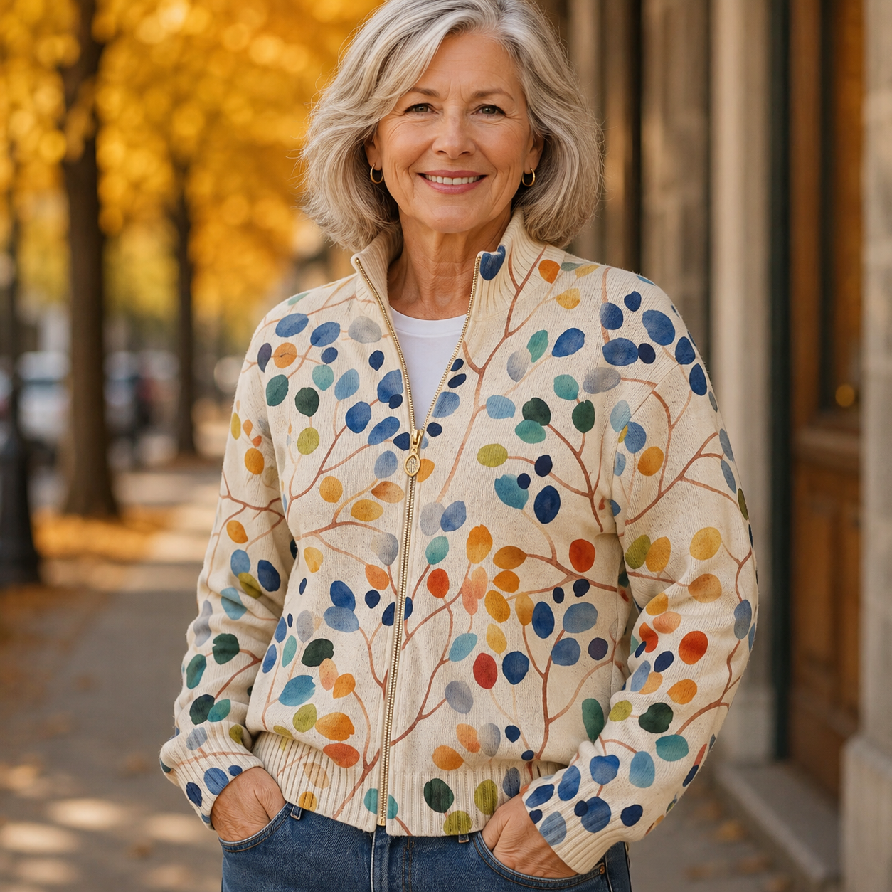 Julia | Botanical Leaf Print Zip Cardigan