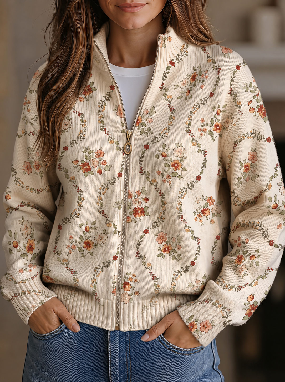Olivia | Delicate Floral Vine Zip Cardigan