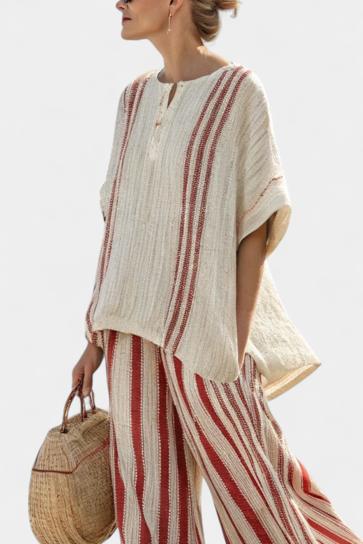 Emily | Red Striped Linen Trouser Set