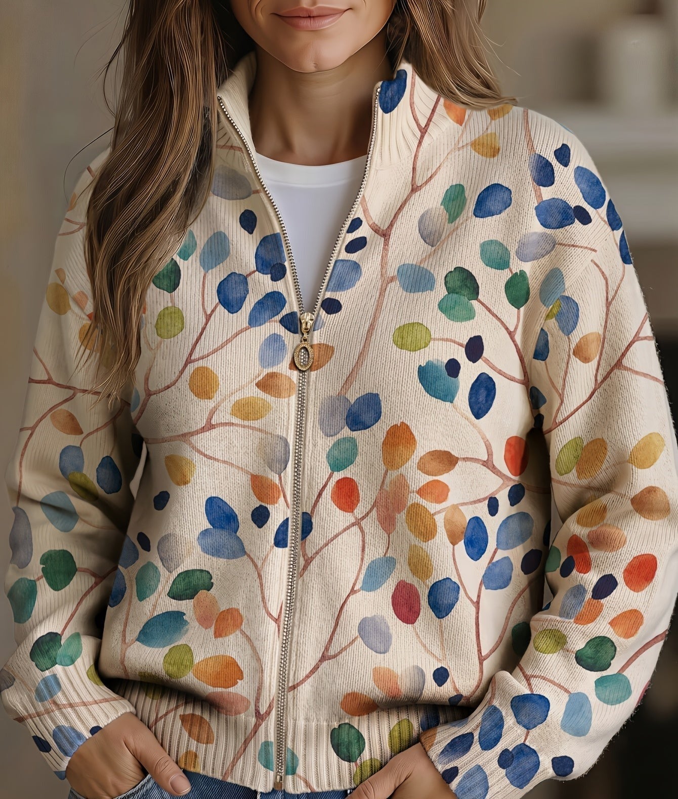 Julia | Botanical Leaf Print Zip Cardigan