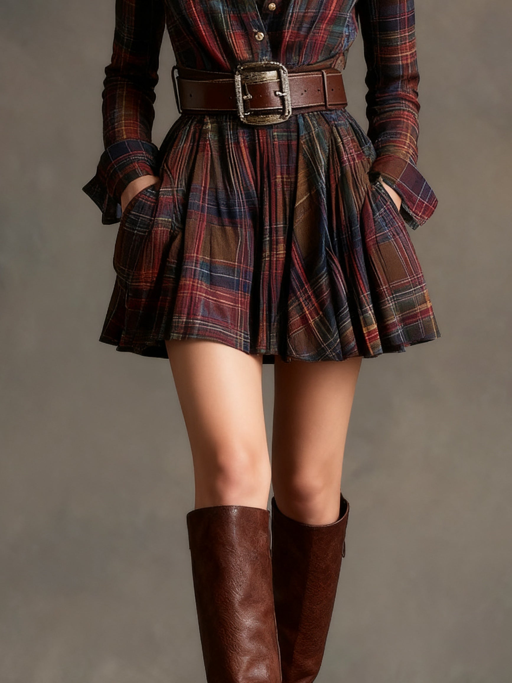 Everleigh | Vintage Lapel Red Brown Plaid Mini Dress