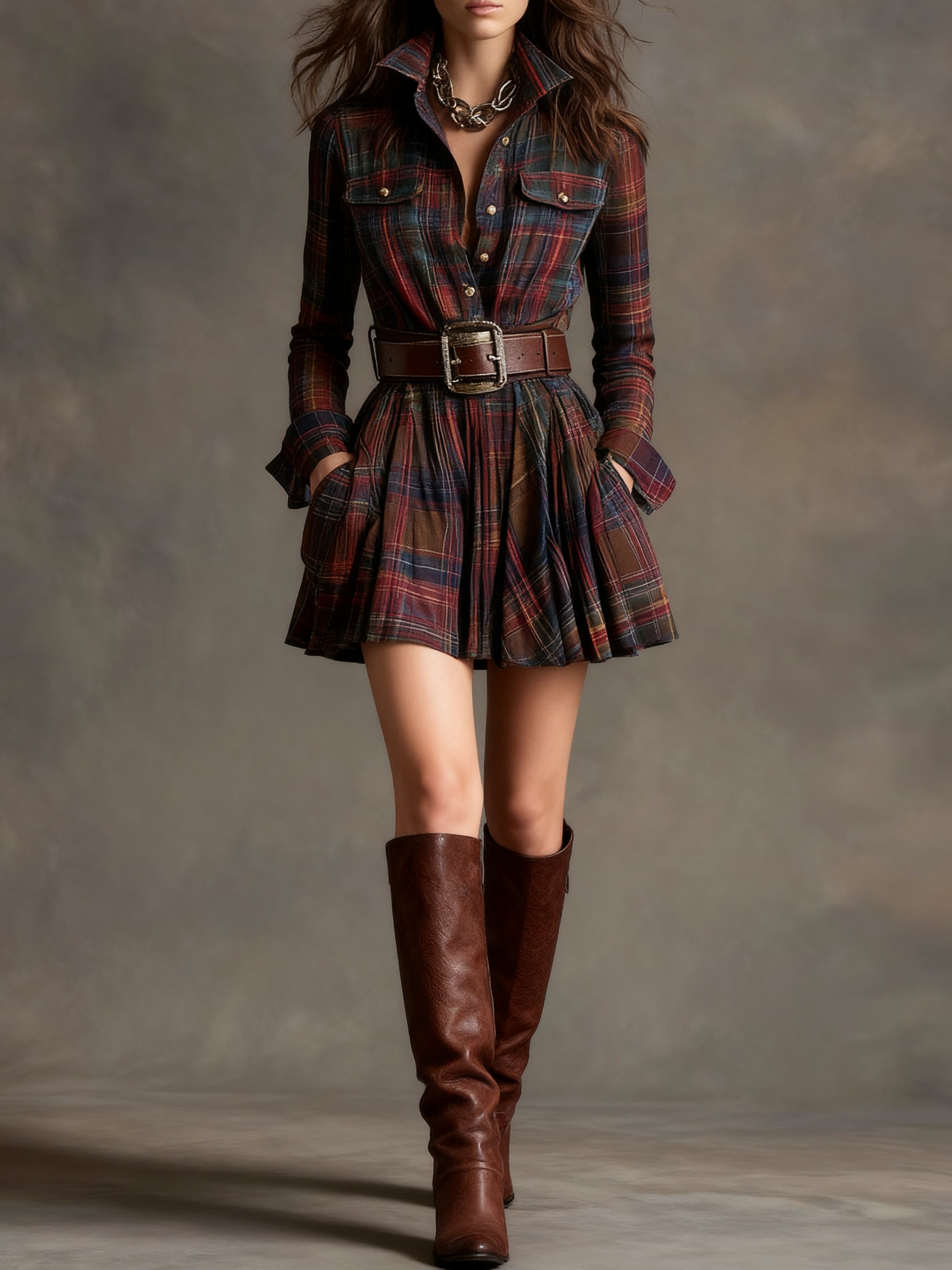 Everleigh | Vintage Lapel Red Brown Plaid Mini Dress