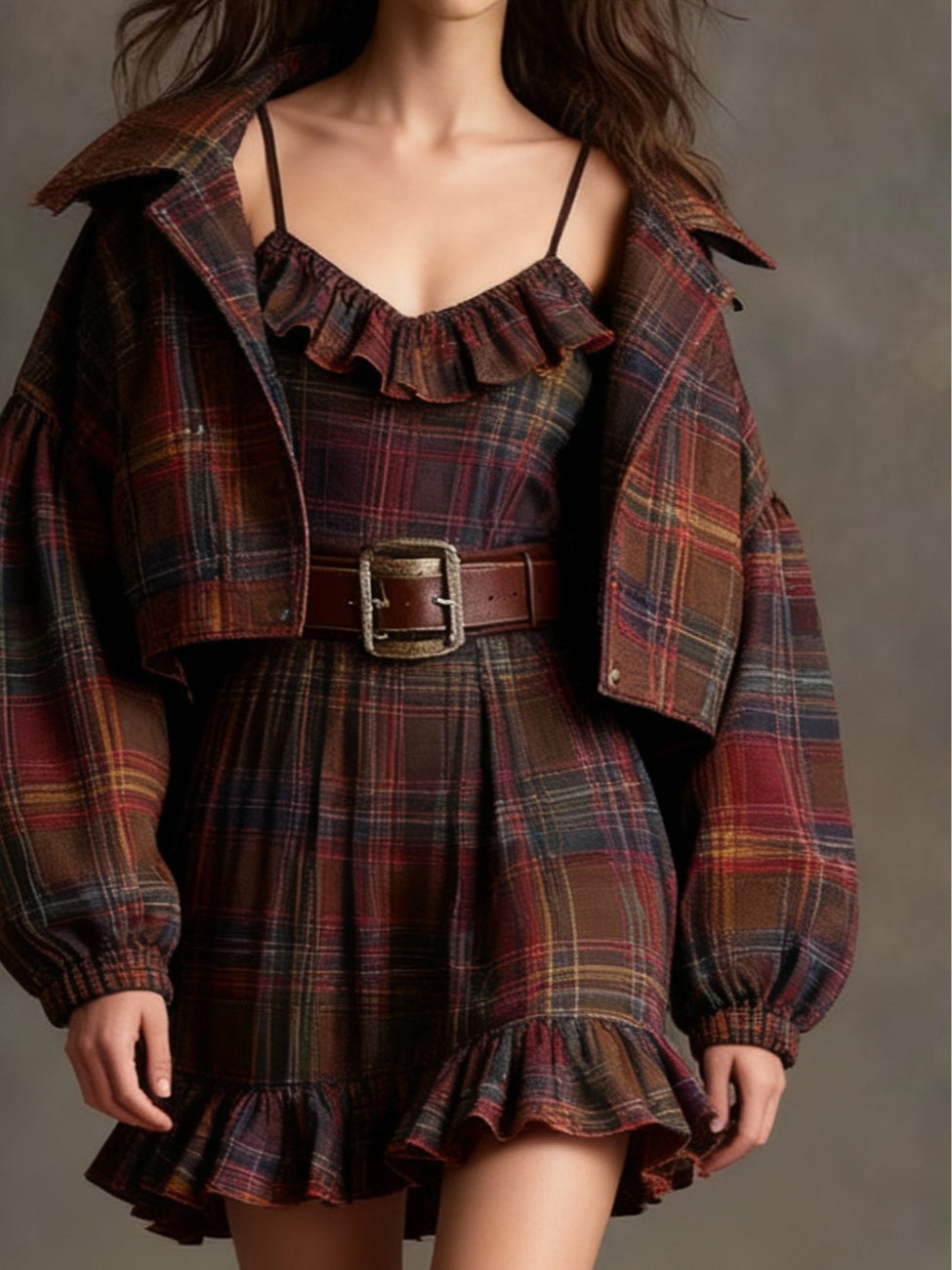 Reese | Vintage Plaid Ruffle Dress and Jacket Set