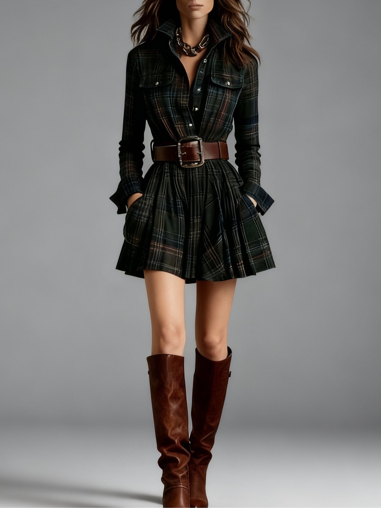 Everleigh | Vintage Lapel Red Brown Plaid Mini Dress