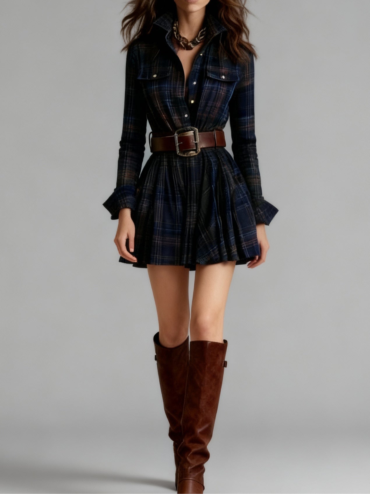 Everleigh | Vintage Lapel Red Brown Plaid Mini Dress