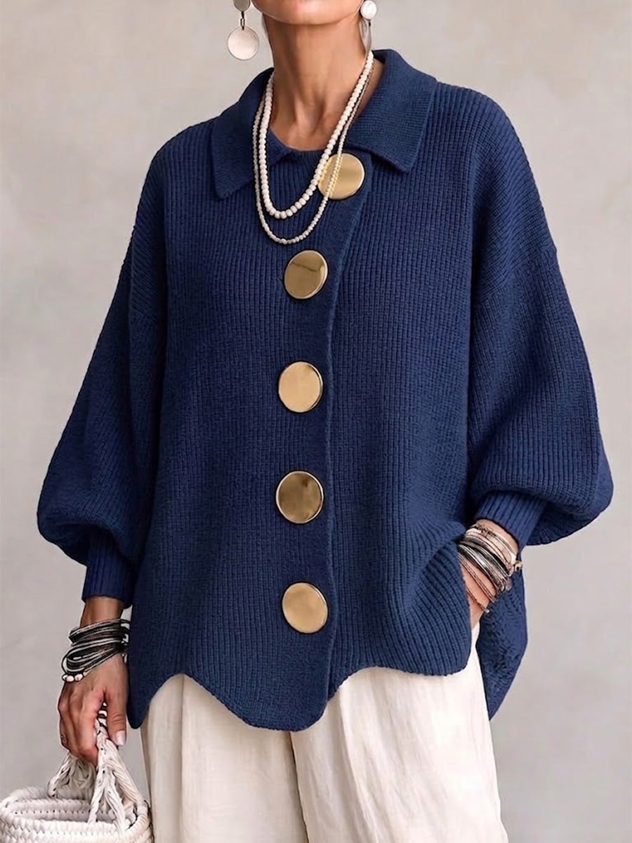 Elvinia | Oversized Collared Cardigan With Large Metal Buttons