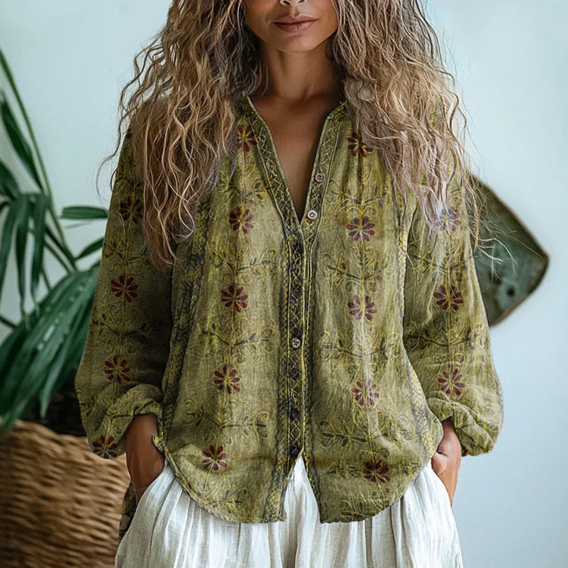 Lillian | Embroidered V-Neck Long Sleeve Blouse