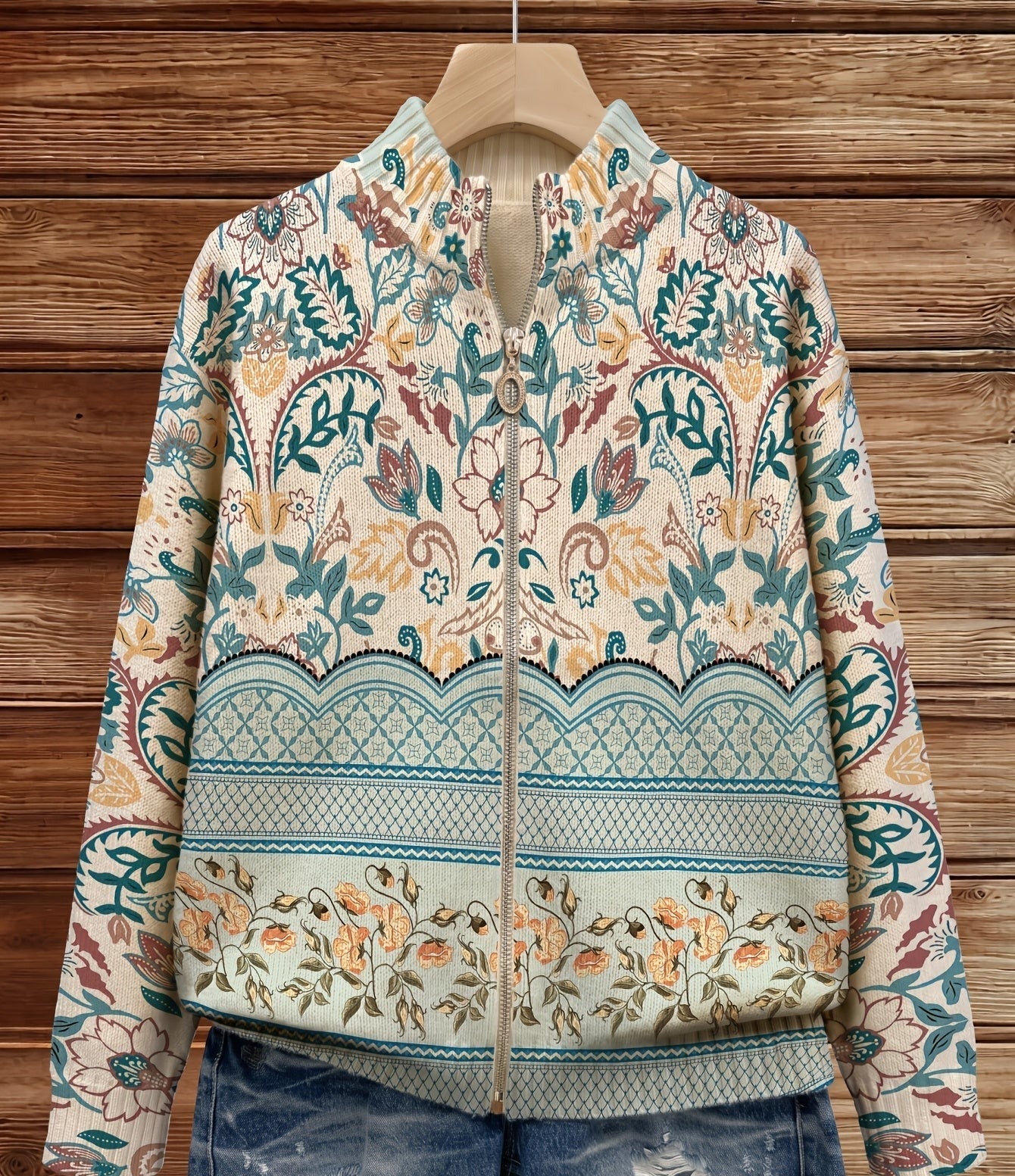 Sadie | Vintage Floral Botanical Border Zip Cardigan